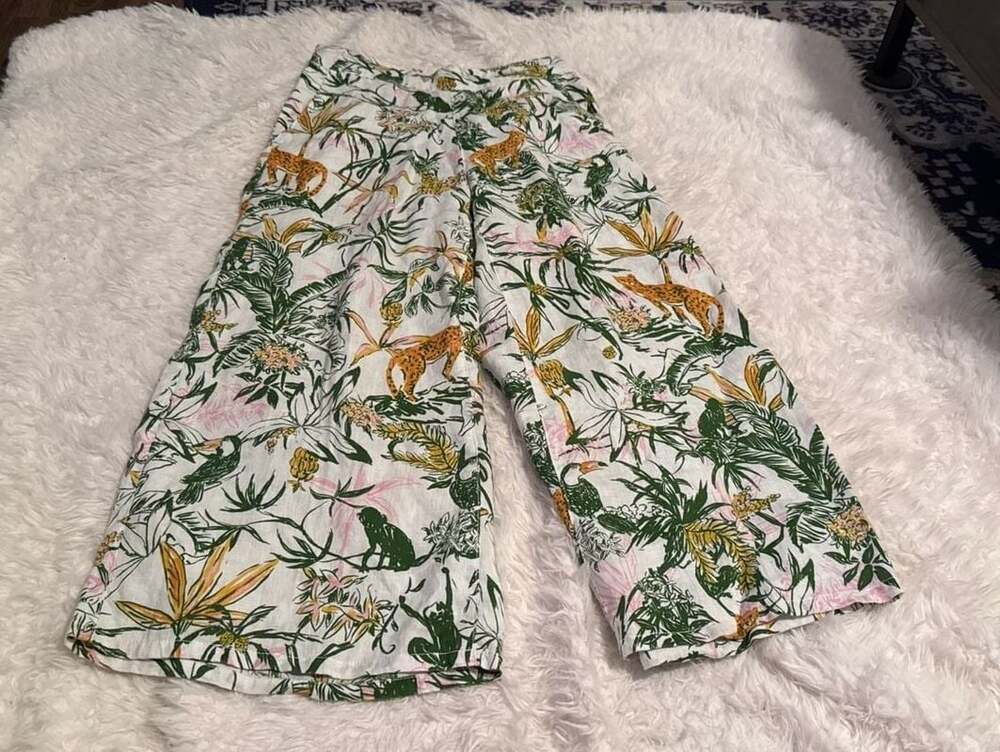 Rachel Zoe 100% Linen Tropical Cheetah Print Wide Leg Pull-on Pants